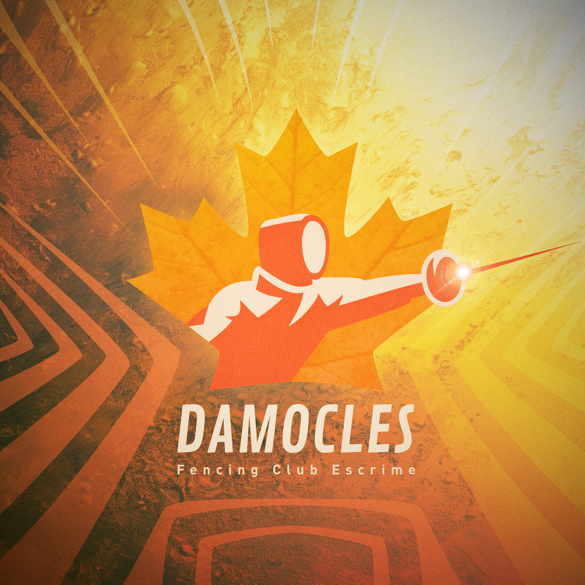 Damocles Fencing Club Escrime logo on a maple leaf background